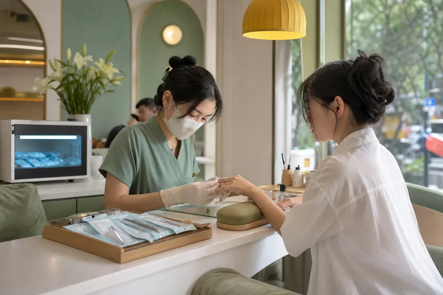 Bàn làm nail sạch với dụng cụ tiệt trùng trong túi niêm phong