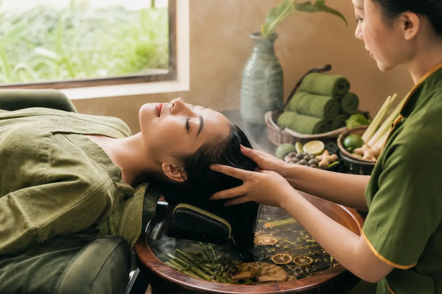 Khách nằm gội đầu dưỡng sinh thảo dược trên giường ngả tại một tiệm head spa