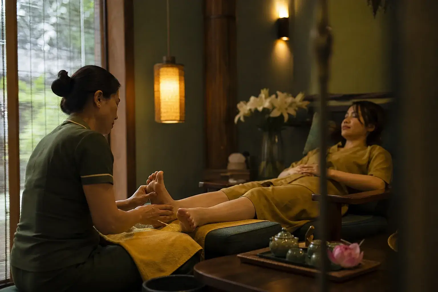 Giường massage gỗ trong phòng spa yên tĩnh gần biển Đà Nẵng