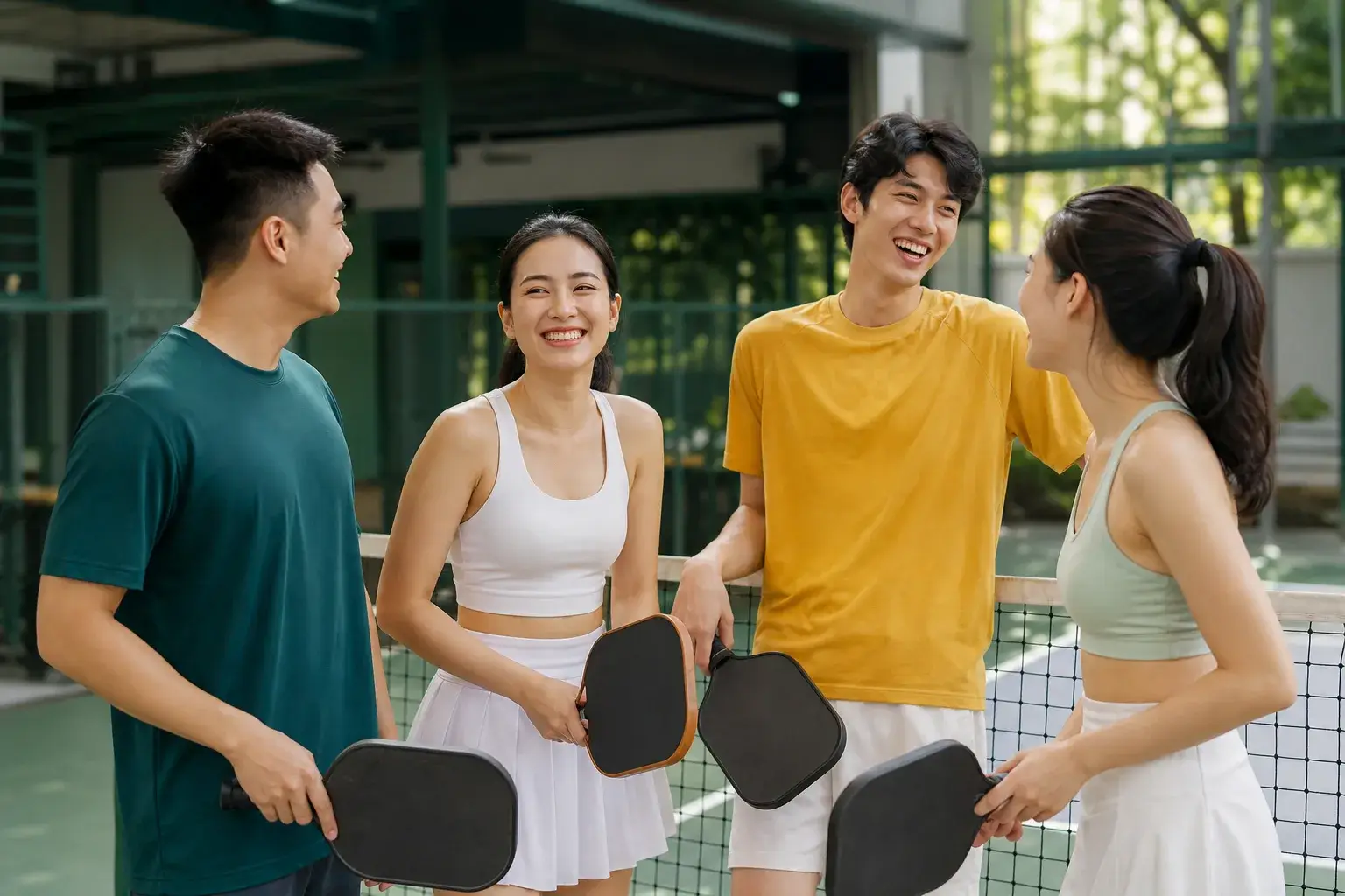 Nhóm bạn trẻ chơi pickleball trên sân ngoài trời